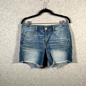 American Eagle Outfitters Mom Midi Shorts Womens 2 Blue Denim Cotton Frayed Hem